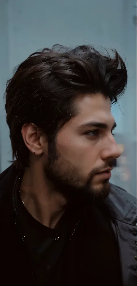 Change background. Cyberpunk handsome boy with beard. realistic face. 8k , ultra realistic