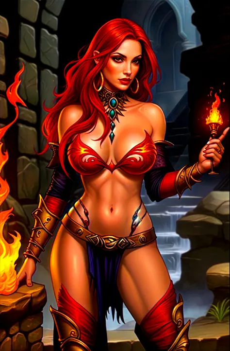 Fantasy Female sorceress, fiery red hair, latina, fail skin