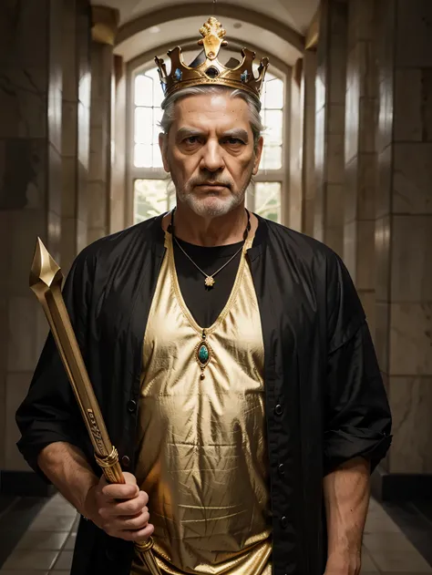 Um rei, old and serious man, muito bem vestido com manto luxuoso dourado, muito forte, barbudo, majestic posture and serious look, crown on head, scepter in hand, imagem do corpo inteiro