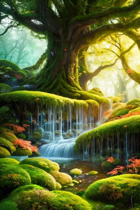 Masterpiece of an enchanting and dreamy scene in a fantasy forest, where towering trees adorned with moss and vibrant foliage touch the sky. Glowing mushrooms cast a soft, ethereal light, illuminating hidden fairy glens, creating an allure of mystique and ...