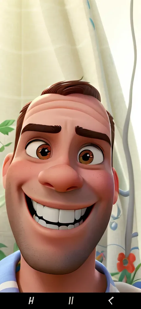 Um homem moreno com dentes grandes sorrindo no estilo Disney Pixar, alta qualidade, melhor qualidade