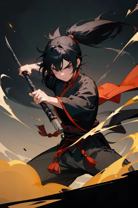 boy with black hair and a sword, long black hair, black hair, Drawing Bad Guys, 1boy, (children), (kid), (young), (((wuxia))), xianxia, chinese, chinese traditional clothes, anime, anime artstyle, Angry, Effects, Black clothes, Banbi, black hair, dark hair...