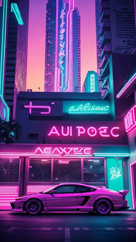 a close up of a car parked in front of a neon sign, art deco outrun anime aesthestic, synthwave neon retrofuturism, vaporwave mansion, miami synthwave, cyberpunk vaporwave, synthwave aesthetic, epic retrowave art, 80s style synthwave, retrowave vibes, vapo...