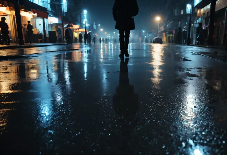 late night，Heavy rain is like a musical note，thunder and lightning，The streets were in a mess due to heavy rain。The camera freezes on a specific puddle，The distorted and blurred shadow of the street lamp is reflected in the puddle.，These lights and shadows...