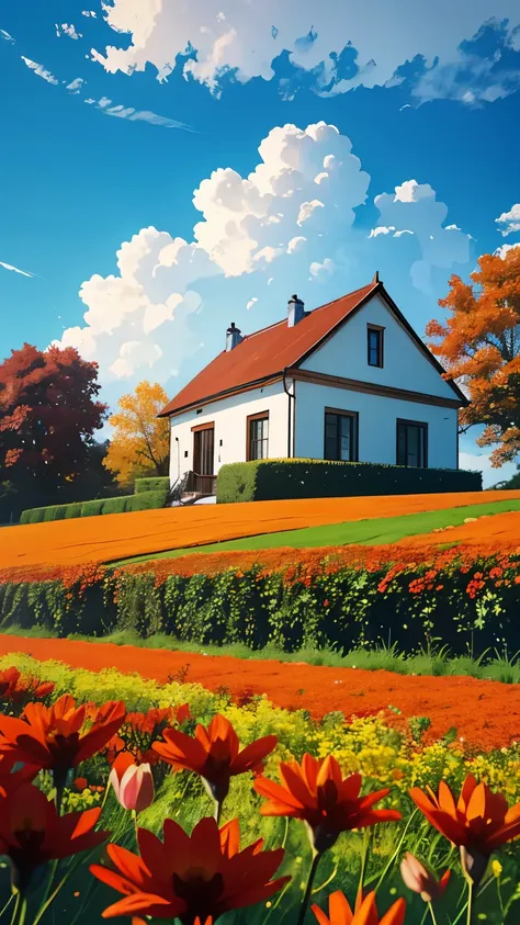 a house and a tree in a field, flower, outdoors, sky, day, cloud, blue sky, no humans, grass, plant, red flower, building, scenery, autumn leaves, orange flower