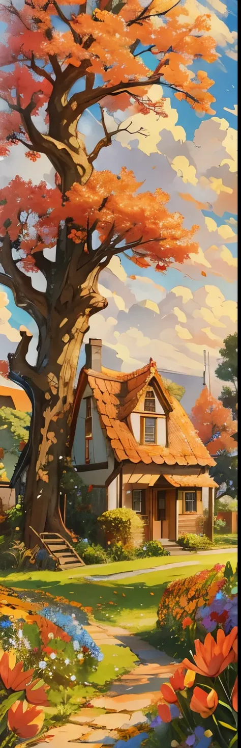 a house and a tree in a field, flower, outdoors, sky, day, cloud, blue sky, no humans, grass, plant, red flower, building, scenery, autumn leaves, orange flower