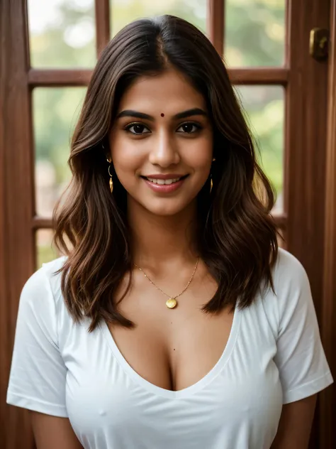 A half body photo of a attractive Indian woman 20 y.o., cleavage, flashing, (:1.1),
Tshirt, Maven, Tall, Athletic, Triangular Face, Fair Skin, long brown Hair, hazel Eyes, [[Curved Nose]], Thick Lips, Round Chin, Instagram model, cheerful smile, medium siz...