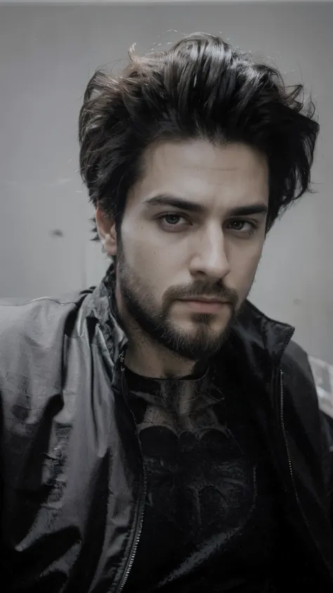 Change my black colour t shirt to spiderman suit. Change background. Cyberpunk handsome boy with perfect beard. realistic face. 8k resolution , ultra realistic