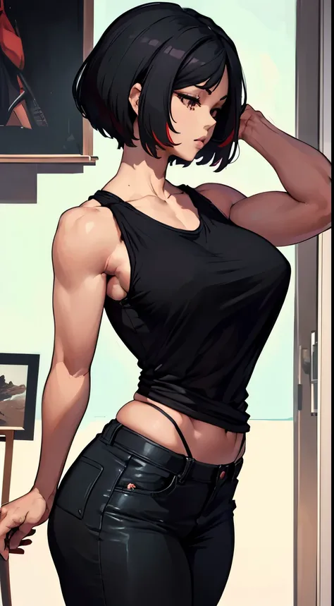 ((best quality)), ((artwork)), (detailed: 1.4), Beautiful woman, Asian, short black sleeveless t-shirt, black pants, short black hair with red highlights, paint, (Alone), Realistic, ((artwork)), (best quality), (detailed), (1 girl), Big Breasts, sexy, Thic...