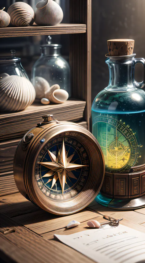 Focus on the two objects, a crystal-clear glass bottle filled with colorful seashells and a well-worn compass, carefully arranged on a wooden shelf. The camera zooms in, showcasing the exquisite details of the seashells, their intricate patterns and delica...