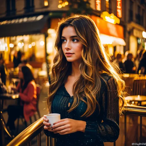 Seductive portrait of a gorgeous young woman with long brunette hair with blonde highlights, Around 23 years old, Big nature , wearing an evening dress, Standing on a lively Parisian street at night. The woman exuded confidence and charisma.、Walking confid...