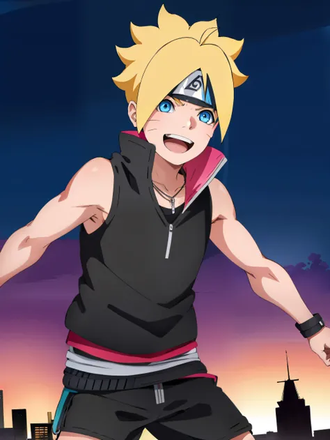 Masterpiece, ultra-detailed, Hight resulution, Boruto anime style, 1boy, male focus, Torso, Uzumaki Boruto, Sleeveless hoodie, Bare shoulder, yellow hair, Blue eyes, look at viewer, happy face, vibrant colors, Simple background, dinamic lighting, highly de...