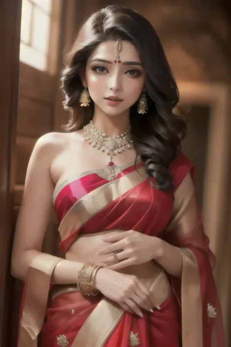 A seductive woman captivates in a stunning saree.