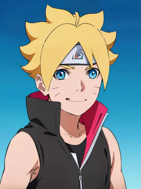 Masterpiece, ultra-detailed, Hight resulution, Boruto anime style, 1boy, male focus, Torso, Uzumaki Boruto, Sleeveless hoodie, Bare shoulder, yellow hair, Blue eyes, look at viewer, happy face, vibrant colors, Simple background, dinamic lighting, highly de...