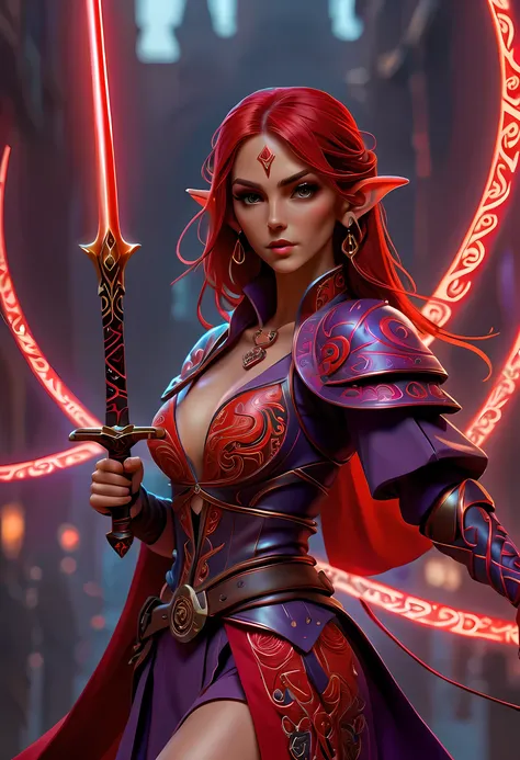 a picture of a female elf (intense details, Masterpiece, best quality: 1.5) fantasy swashbuckler, fantasy fencer, armed with a slim sword, shinning sword, metallic shine, colorful clothes, dynamic clothing, an ultra wide shot, full body (intense details, M...