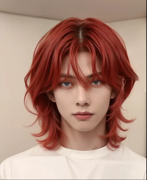 um close de um homem com cabelo ruivo e camisa branca, peruca vermelha, vermelho flamejante, messy square vermelho vibrante hair, cabelo curto ruivo, cor vermelha, wavy vermelho vibrante hair, Cabelo ruivo curto, vermelho flamejante hair, vermelho vibrante...