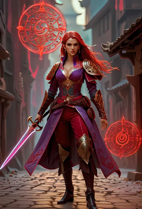 a picture of a female elf (intense details, Masterpiece, best quality: 1.5) fantasy swashbuckler, fantasy fencer, armed with a slim sword, shinning sword, metallic shine, colorful clothes, dynamic clothing, an ultra wide shot, full body (intense details, M...