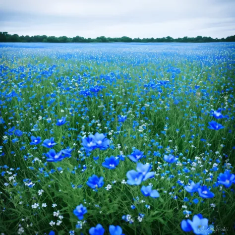 a close up of a bunch of blue flowers in a field, blue flowers bloomed all over, blue flowers, soft flowers, soft blue light, glowing blue, blue flowers accents, blue soft light, lots blue colours, white and blue, soft blue tones, blue and white, mediumsla...