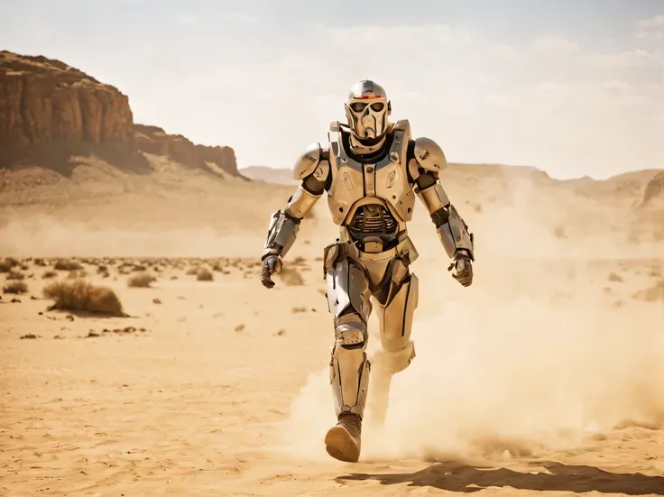 Film Shot Sony PXW-Z190, fight scene from a science fiction film directed by Roland Emmerich, Jean-Claude Van Damme, 25 years, kicks an old rusty cyborg in the desert of Mars, hot, sweat, day, Dynamic Scene, A high resolution, 32K, granularity, cinematic t...