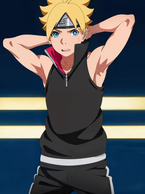 Masterpiece, ultra-detailed, Hight resulution, Boruto anime style, 1boy, male focus, Body, Uzumaki Boruto, Sleeveless hoodie, Bare shoulder, yellow hair, Blue eyes, look at viewer, Slim body, (Armpit:1.3), vibrant colors, Simple background, dinamic lightin...