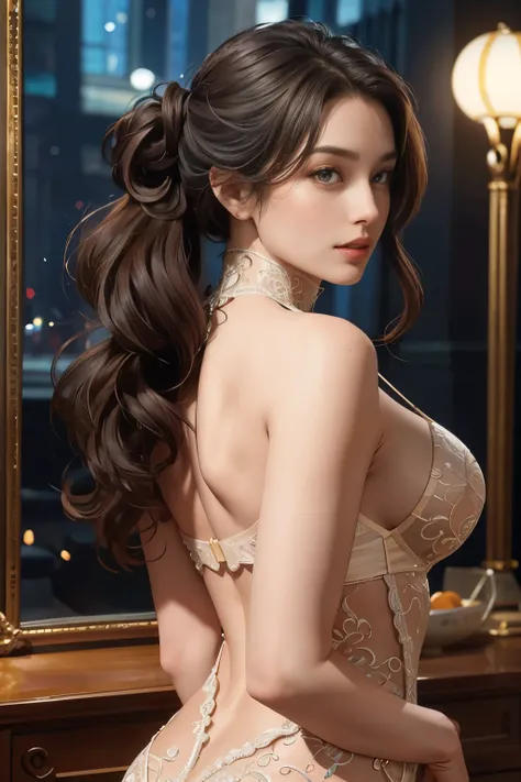 (masterpiece:1.2, highest quality), realistic, (real picture, intricate details, Depth of the bounds written，High-neck clothes), parted lips, very detailed, perfect face, perfect body, large model,
mature woman, expensive, long legs, 
natural bokeh backgro...