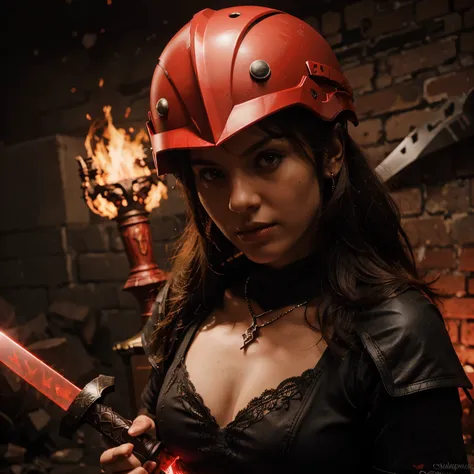 Create an epic character in a hell themed amor and a huge magical red glowing sword sword an      helmet with a red visor