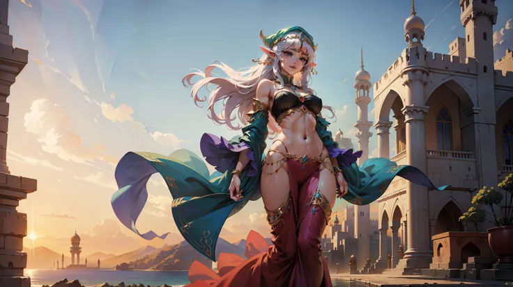 (best quality,4k,8k,highres,masterpiece:1.2),ultra-detailed,(realistic,photorealistic,photo-realistic:1.37),colorful sunrise,female figure,white flowing hair,full body,beautiful detailed eyes,soothing smile,elf girl,delicate facial features,sparkling jewel...