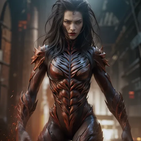 1 female alien, the predator, (extremely beautiful:1.2), (intense gaze:1.4), (predator:1.1), long dark claws, (nsfw:0.8), nipple...