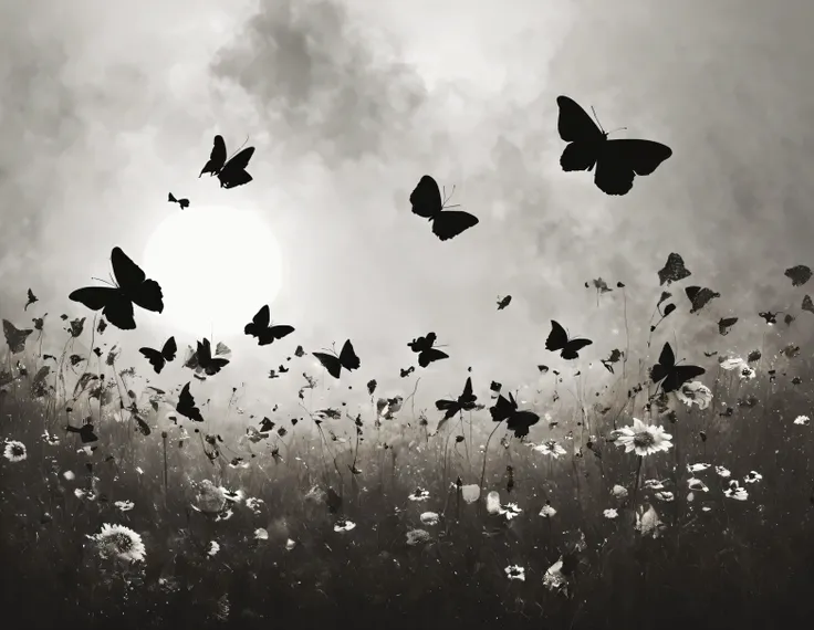 a black & white, simple yet elegant, modern silhouette art of multiple butterflies flying over a flower meadow against the sunlights through the morning mist