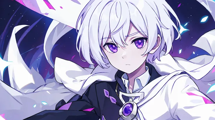 1 man, white hair, purple eyes, white skin,