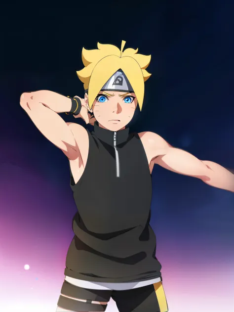 masterpiece, ultra-detailed, hight resulution, boruto anime style, 1boy, male focus, upper body, uzumaki boruto, sleeveless hood...