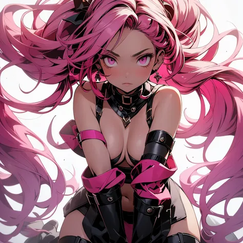 (masterpiece), best quality, beautiful woman, expressive eyes, perfect face, 1 woman, hair ornament, hairclip, pink eyes, pink hair, ssrsuit, underboob cutout, navel, bare shoulders, crop top, thigh boots, elbow gloves, (first person point of view:1.3), an...