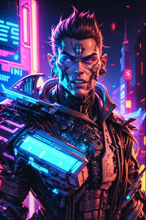 a robot bounty hunter, detailed mechanical parts, holding up, butler outfit, cyberpunk, setting cyberpunk bar, neon lighting, hi...