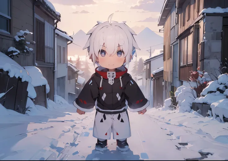 um garoto demonio, Clouded sky, Snowy scenery, chifres, orelhas pontudas, chifres vermelhos, cabelos brancos, olhos vermelhos brilhantes, serious expression, arvores no fundo, anime, um garoto bonito