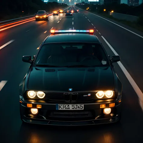 black bmw e30,police car chasing,high-speed pursuit,on the highway,tense atmosphere,night time,headlights casting intense beams,blazing tail lights,fleeing from authorities,dangerous adrenaline rush,fast and furious,high-octane action,intense motion blur,e...