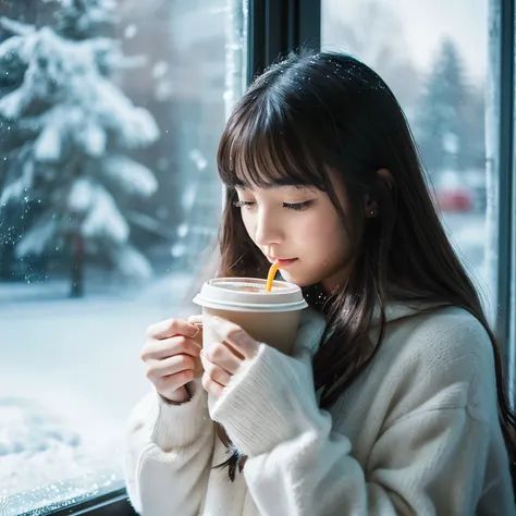 Girl drinking coffee by the snowy window