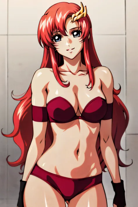 lacus4, (red bikini, arm band, short gloves, masterpiece, looking at herself in mirror, very slim shoulders, 4K, Best Quality, Anime style: 1.9, happy, Adult Woman, (ultra detailed head), (arena, mirror frame), Drawing lines, high resolution, lacus4), 1gir...