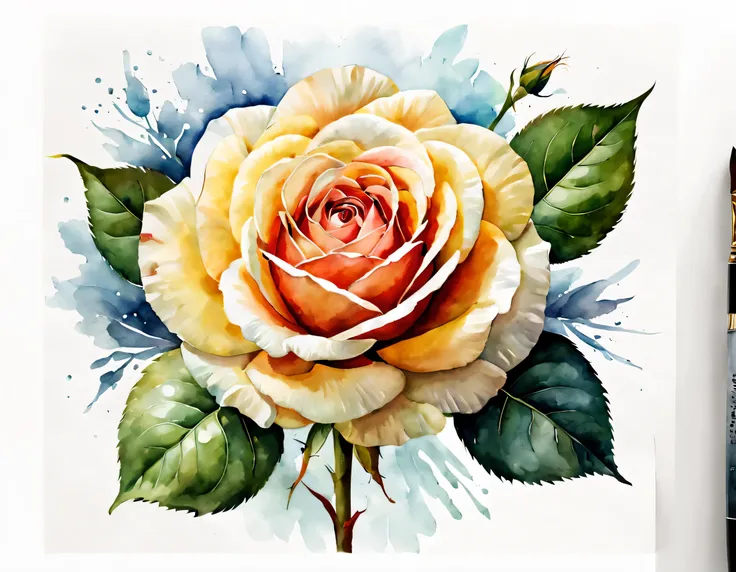 arte conceptual (ultrarrealista:1.3) Watercolor rose floral drawing illustration on white background, pintura colorida em Acuarelaa, pintura colorida em Acuarelaa, Acuarela, estilo de pintura em Acuarelaa, Watercolor style illustration, pintado en acuarela...