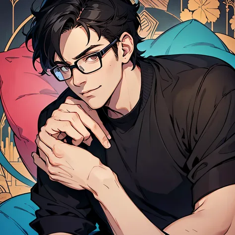 Youngadult,man,(masterpiece, detailed background, best quality),very short hair,black hair,smirk,brownperfecteyes,manhwa, anime,casual wear,thin black rimmed glasses, handsome, mole on cheek.