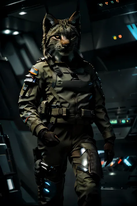 (anthropomorphic lynx 1:1 fighter pilot next to a space fighter), hyper realistic space carrier scene, photo realistic, (lynx in a flight suit), futuristic carrier scene, futuristic space fighter, futuristic space ship scene