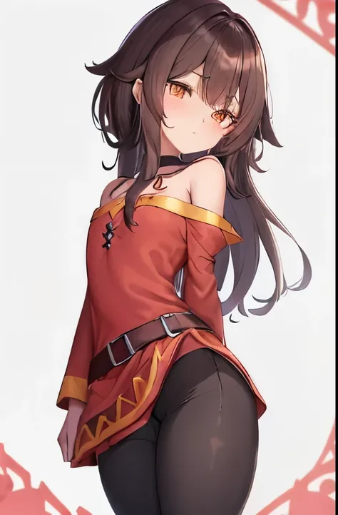 megumin, kono subarashii sekai ni shukufuku wo!, 1 chica, solo, de pie, Mirando al espectador, tiene, witch tiene, By the chestnut, pelo corto con mechones largos, ojos rojos, rubor, sonrisa malvada, gargantilla negra, clavicle, pecho plano, off-shoulder v...