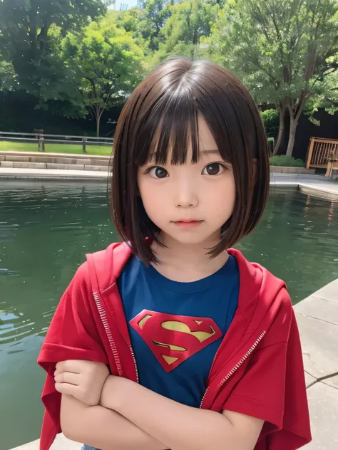 Elementary school student squats in a pond wearing Supergirl clothes.、Spreading black hair、bob cut with trimmed ends、(flat chest)、lolicon、Highest、short sleeve、red cloak、(whole body)、embarrassing、10 years old、 break, extremely fine transparency, (symmetrica...