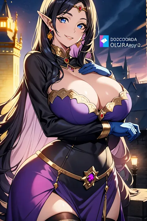 olga discordia, long black hair, long elf ears, dark elf, black skin, hair stick, bangs, blue eyes, solo, smiling, standing, upper body, hips, bare shoulders,purple thighhighs,violet dress, gold jewelry,armor,gloves,circlet, cleavage, red and gold royal ca...