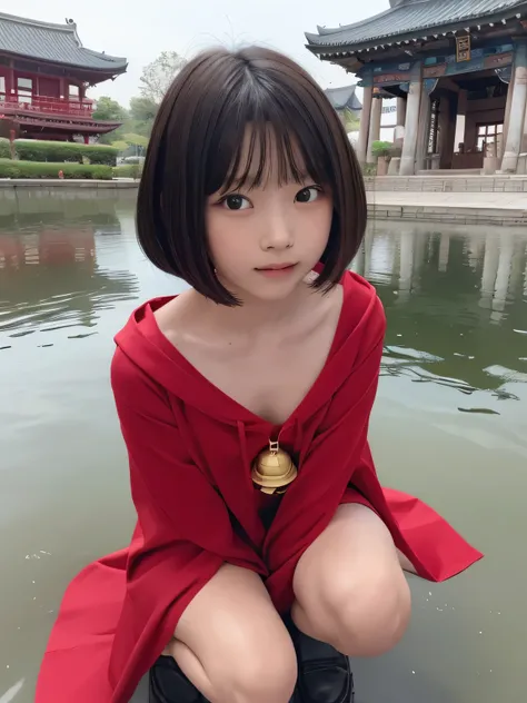 Elementary school student squats in a pond wearing Supergirl clothes.、Spreading black hair、bob cut with trimmed ends、(flat chest)、lolicon、Highest、short sleeve、red cloak、(whole body)、embarrassing、10 years old、
break, extremely fine transparency, (symmetrica...