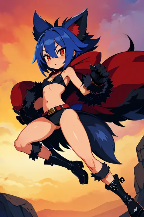 Dwarf pygmy slender cat eyes triangular mouth red cheeks blue hair short messy hair amber eyes black pupils dark skin sports bra bottoms choker leather gloves short boots large belt white fur hood robe loin cloth fur wolf tail ribs navel thighs