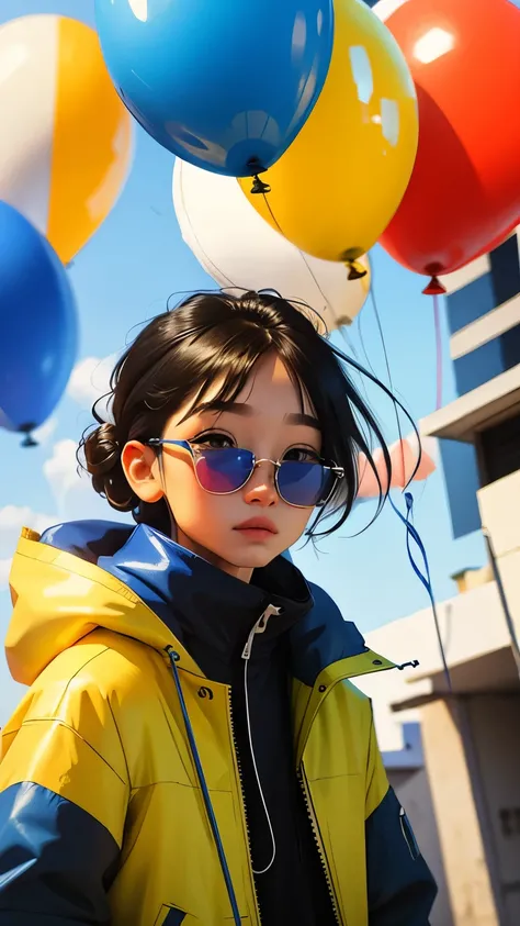 menino, bonito, wearing blue sunglasses, jaqueta amarela, moletom branco, lots of colorful balloons, baby face, Estilo chibi, cabelo vermelho e azul de duas cores, olhos de detalhe perfeito, rosto delicado, CG perfeito, qualidade de imagem HD, colorful bal...