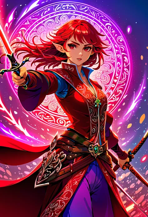 a picture of a female elf (intense details, Masterpiece, best quality: 1.5) fantasy swashbuckler, fantasy fencer, armed with a slim sword, shinning sword, metallic shine, colorful clothes, dynamic clothing, an ultra wide shot, full body (intense details, M...