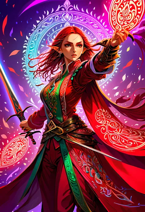 a picture of a female elf (intense details, masterpiece, best quality: 1.5) fantasy swashbuckler, fantasy fencer, armed with a s...