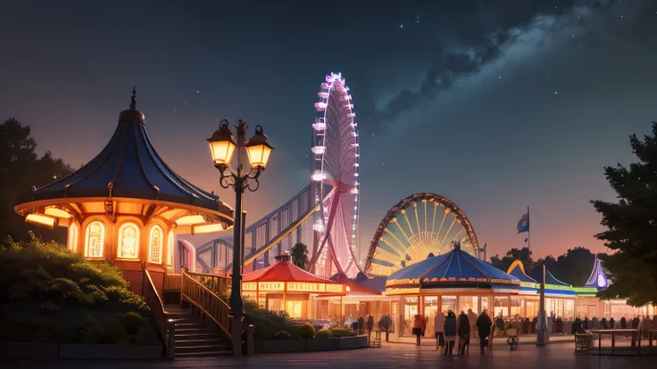 landscape of an amusement park at night, side view