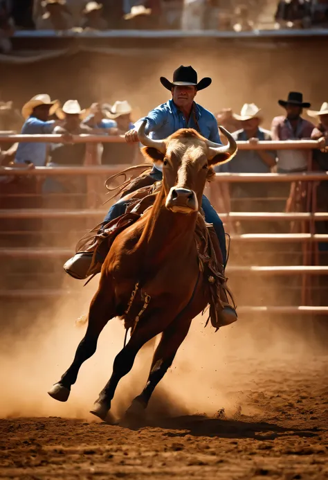 Depict the image of a single brave cowboy in a world where he challenges a black rodeo bull, com grandes chifresfurioso em uma arena empoeirada. Sob o sol poente, the cowboy holds on tight while the bull is released, displaying an expression of determinati...